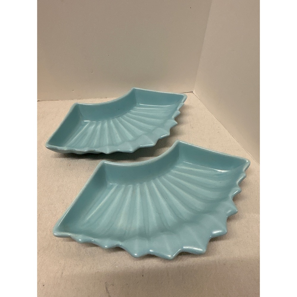 Vintage Blue Ceramic Fan Shaped Trinket Dish Set of 2 Scalloped Edge Catchall